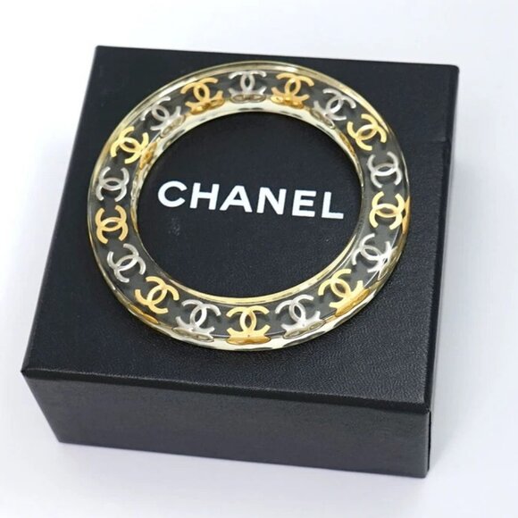 CHANEL CC Logos Clear Lucite Bangle Bracelet 7.8" Gold Tone 97P Auth w/Box #2240 - Picture 4 of 16